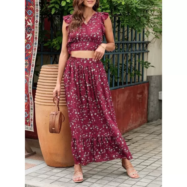 Dokotoo Women's Boho Dress Deep V Neck 2 Piece Skirt Sets Ruffle Cap Sleeve Tie Waist Wrap Chiffon Flowy Maxi Dresses