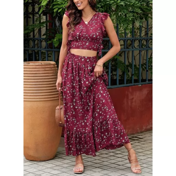 Dokotoo Women's Boho Dress Deep V Neck 2 Piece Skirt Sets Ruffle Cap Sleeve Tie Waist Wrap Chiffon Flowy Maxi Dresses