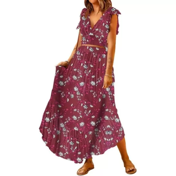 Dokotoo Women's Boho Dress Deep V Neck 2 Piece Skirt Sets Ruffle Cap Sleeve Tie Waist Wrap Chiffon Flowy Maxi Dresses