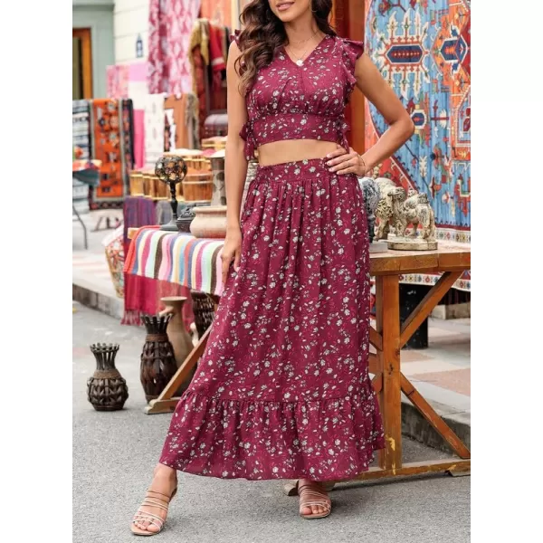 Dokotoo Women's Boho Dress Deep V Neck 2 Piece Skirt Sets Ruffle Cap Sleeve Tie Waist Wrap Chiffon Flowy Maxi Dresses