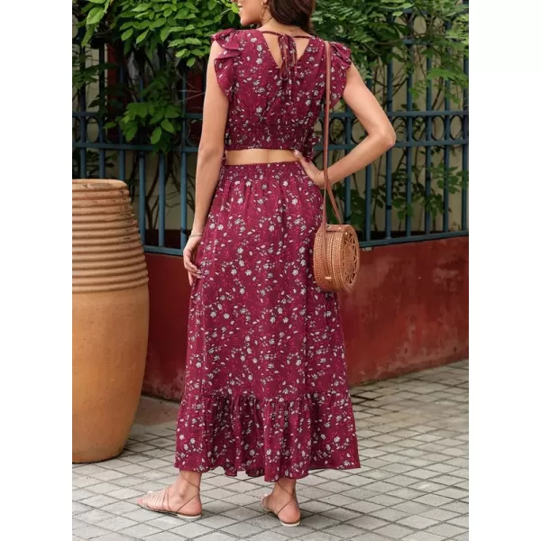 Dokotoo Women's Boho Dress Deep V Neck 2 Piece Skirt Sets Ruffle Cap Sleeve Tie Waist Wrap Chiffon Flowy Maxi Dresses