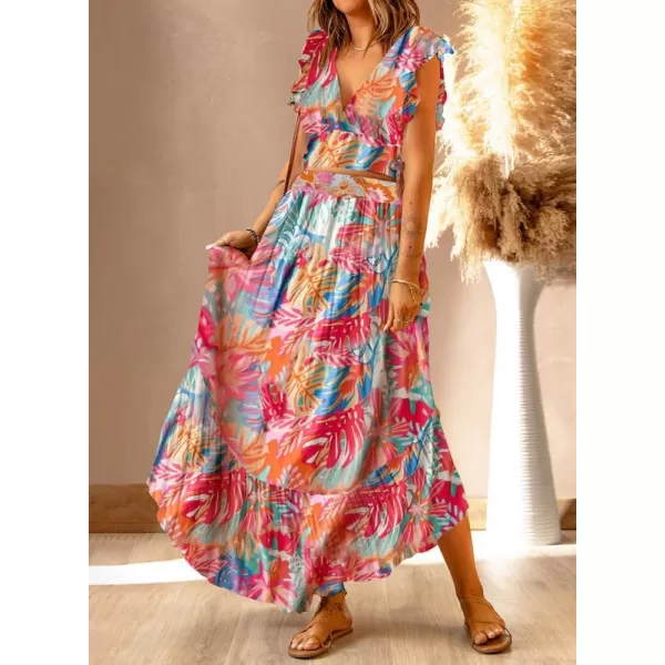 Dokotoo Women's Boho Dress Deep V Neck 2 Piece Skirt Sets Ruffle Cap Sleeve Tie Waist Wrap Chiffon Flowy Maxi Dresses