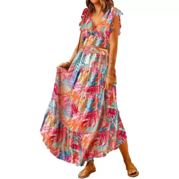 Dokotoo Women's Boho Dress Deep V Neck 2 Piece Skirt Sets Ruffle Cap Sleeve Tie Waist Wrap Chiffon Flowy Maxi Dresses