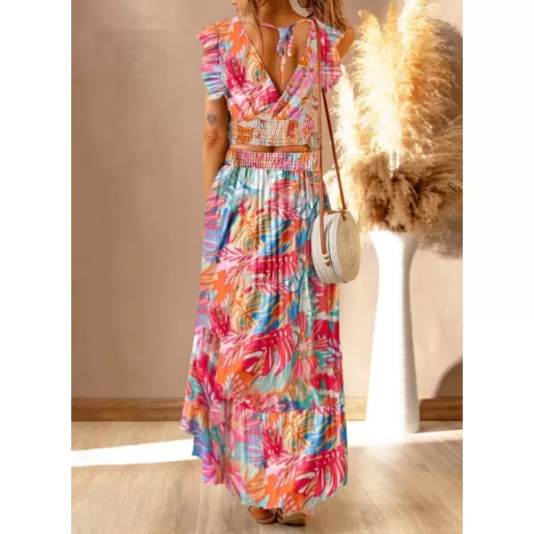 Dokotoo Women's Boho Dress Deep V Neck 2 Piece Skirt Sets Ruffle Cap Sleeve Tie Waist Wrap Chiffon Flowy Maxi Dresses