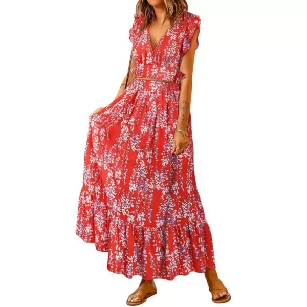 Dokotoo Women's Boho Dress Deep V Neck 2 Piece Skirt Sets Ruffle Cap Sleeve Tie Waist Wrap Chiffon Flowy Maxi Dresses