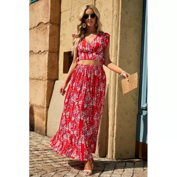 Dokotoo Women's Boho Dress Deep V Neck 2 Piece Skirt Sets Ruffle Cap Sleeve Tie Waist Wrap Chiffon Flowy Maxi Dresses