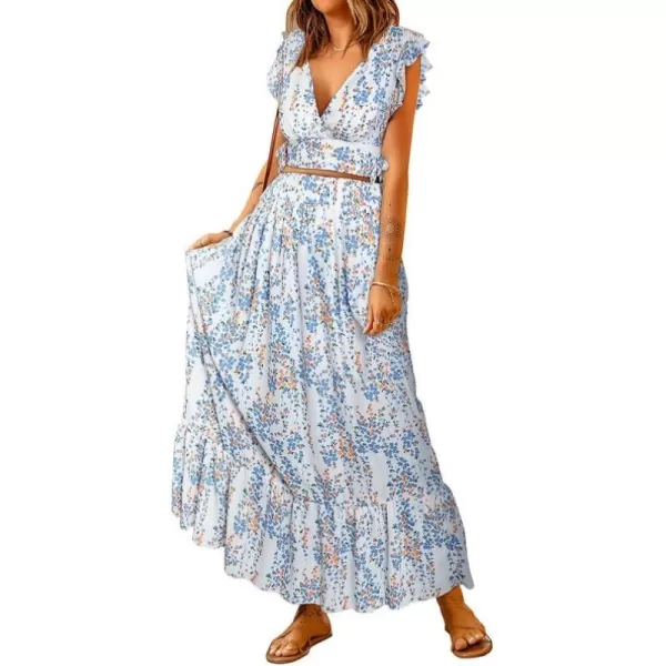 Dokotoo Women's Boho Dress Deep V Neck 2 Piece Skirt Sets Ruffle Cap Sleeve Tie Waist Wrap Chiffon Flowy Maxi Dresses