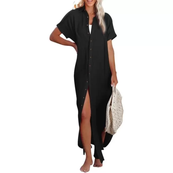 Dokotoo Womens Casual Short Sleeve Side Split Button Down Long Kimonos Cardigans Swimsuit Cover Ups
