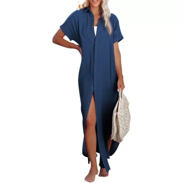 Dokotoo Womens Casual Short Sleeve Side Split Button Down Long Kimonos Cardigans Swimsuit Cover Ups
