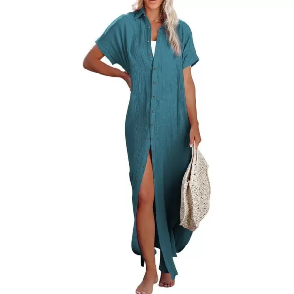 Dokotoo Womens Casual Short Sleeve Side Split Button Down Long Kimonos Cardigans Swimsuit Cover Ups