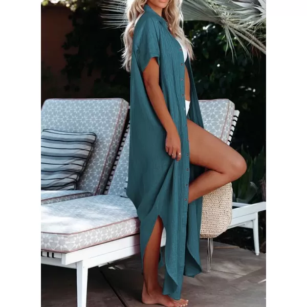 Dokotoo Womens Casual Short Sleeve Side Split Button Down Long Kimonos Cardigans Swimsuit Cover Ups