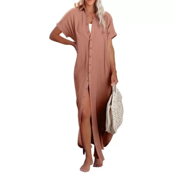 Dokotoo Womens Casual Short Sleeve Side Split Button Down Long Kimonos Cardigans Swimsuit Cover Ups