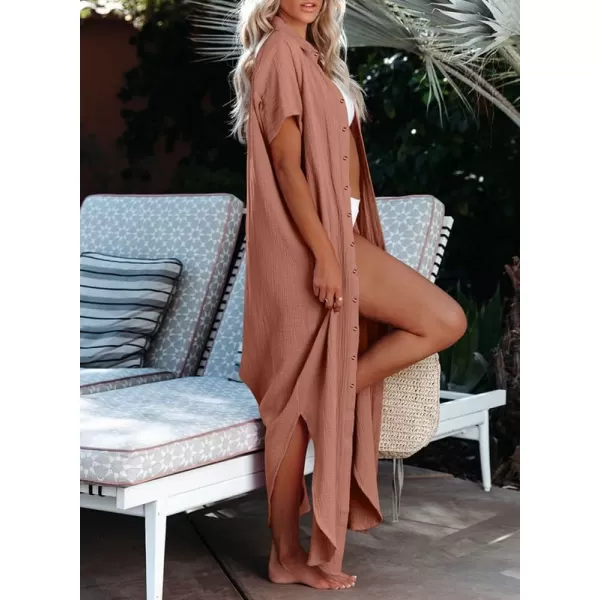 Dokotoo Womens Casual Short Sleeve Side Split Button Down Long Kimonos Cardigans Swimsuit Cover Ups