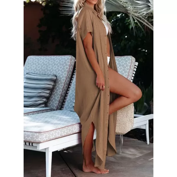 Dokotoo Womens Casual Short Sleeve Side Split Button Down Long Kimonos Cardigans Swimsuit Cover Ups
