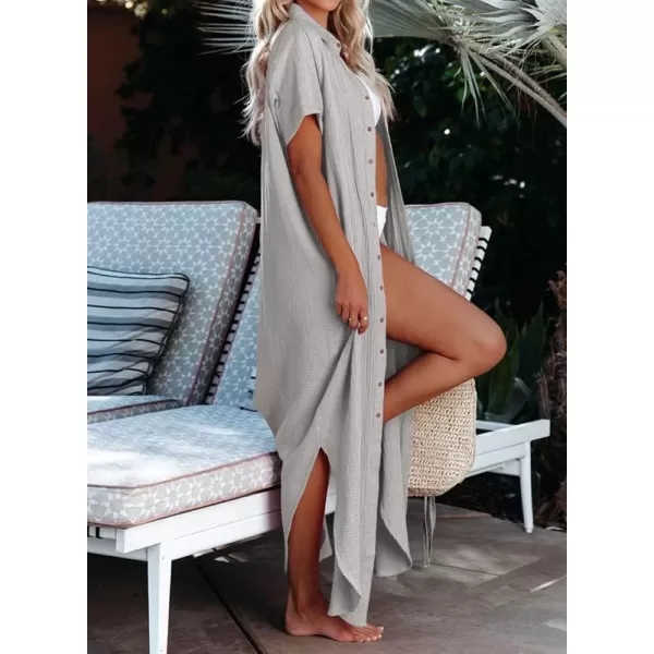 Dokotoo Womens Casual Short Sleeve Side Split Button Down Long Kimonos Cardigans Swimsuit Cover Ups