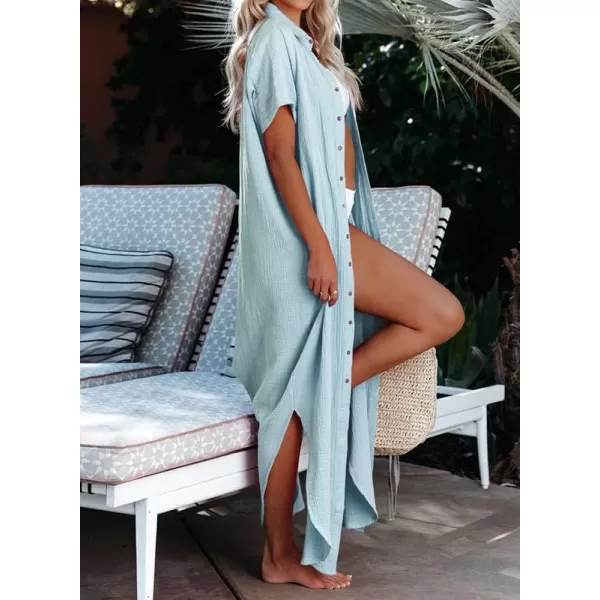 Dokotoo Womens Casual Short Sleeve Side Split Button Down Long Kimonos Cardigans Swimsuit Cover Ups