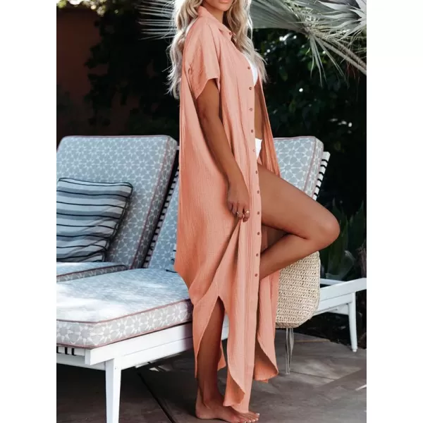 Dokotoo Womens Casual Short Sleeve Side Split Button Down Long Kimonos Cardigans Swimsuit Cover Ups