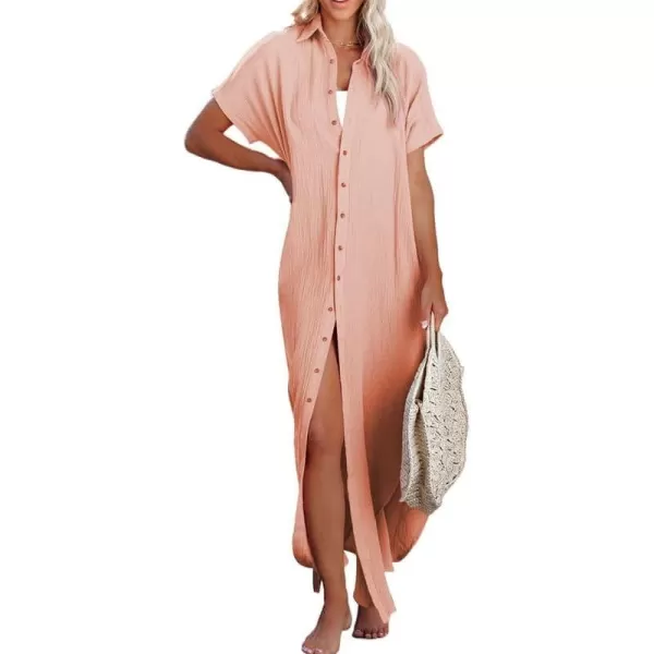 Dokotoo Womens Casual Short Sleeve Side Split Button Down Long Kimonos Cardigans Swimsuit Cover Ups