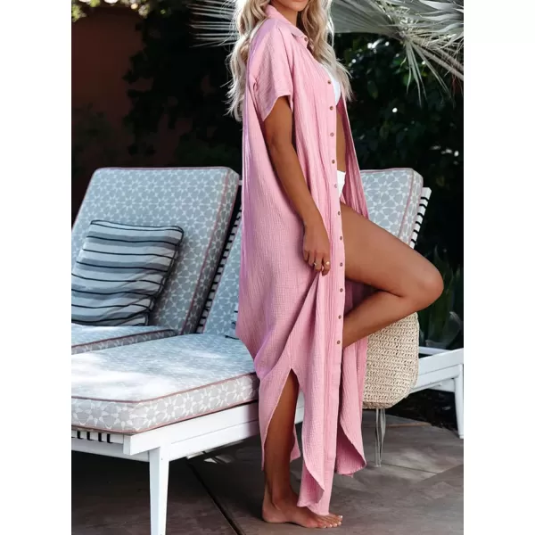 Dokotoo Womens Casual Short Sleeve Side Split Button Down Long Kimonos Cardigans Swimsuit Cover Ups