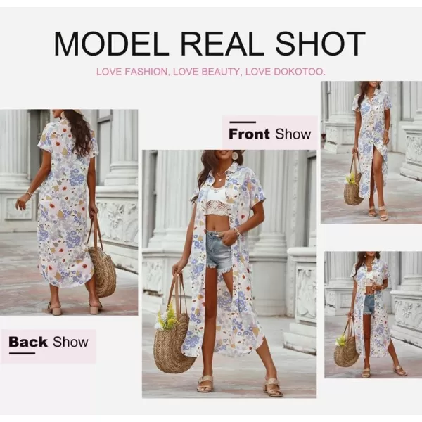 Dokotoo Womens Casual Short Sleeve Side Split Button Down Long Kimonos Cardigans Swimsuit Cover Ups