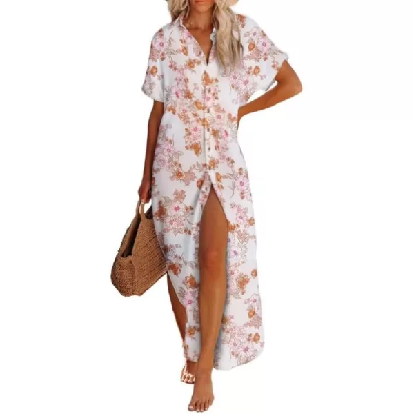 Dokotoo Womens Casual Short Sleeve Side Split Button Down Long Kimonos Cardigans Swimsuit Cover Ups
