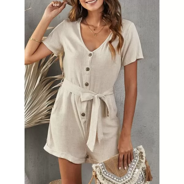 Dokotoo Womens Casual Summer Short Sleeve Pocketed V Neck Front Button Down Linen Short Rompers and Jumpsuits with Belt