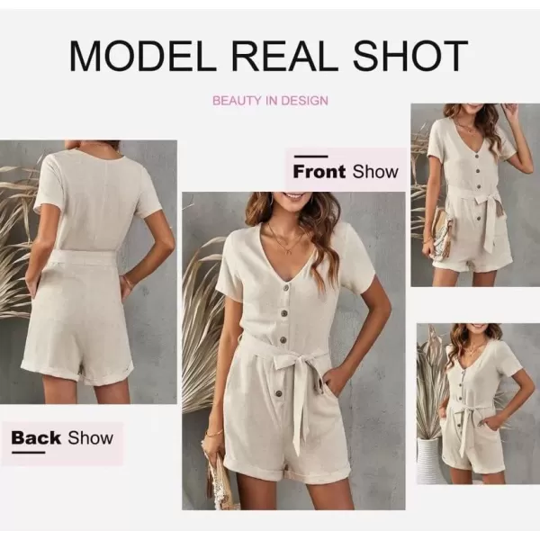 Dokotoo Womens Casual Summer Short Sleeve Pocketed V Neck Front Button Down Linen Short Rompers and Jumpsuits with Belt