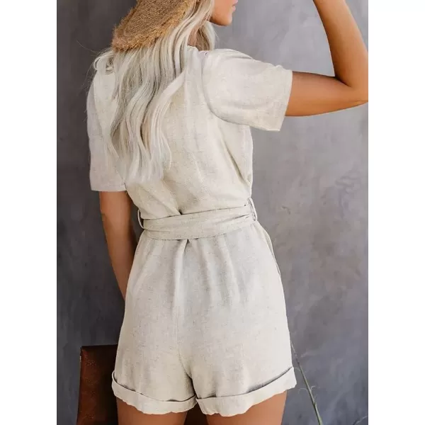 Dokotoo Womens Casual Summer Short Sleeve Pocketed V Neck Front Button Down Linen Short Rompers and Jumpsuits with Belt