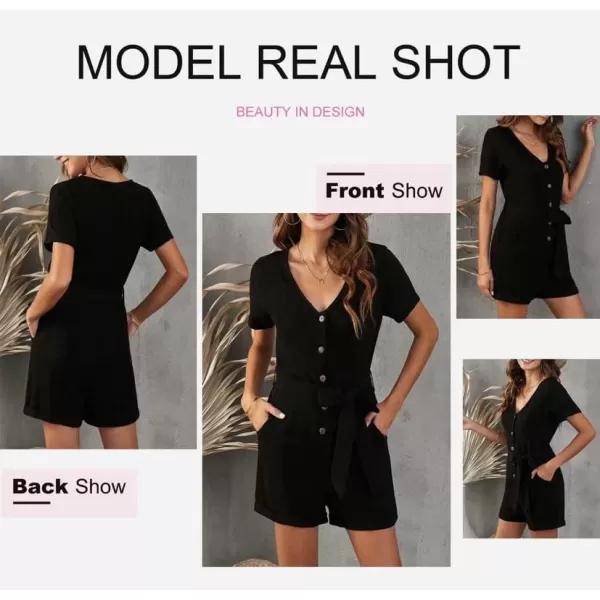 Dokotoo Womens Casual Summer Short Sleeve Pocketed V Neck Front Button Down Linen Short Rompers and Jumpsuits with Belt