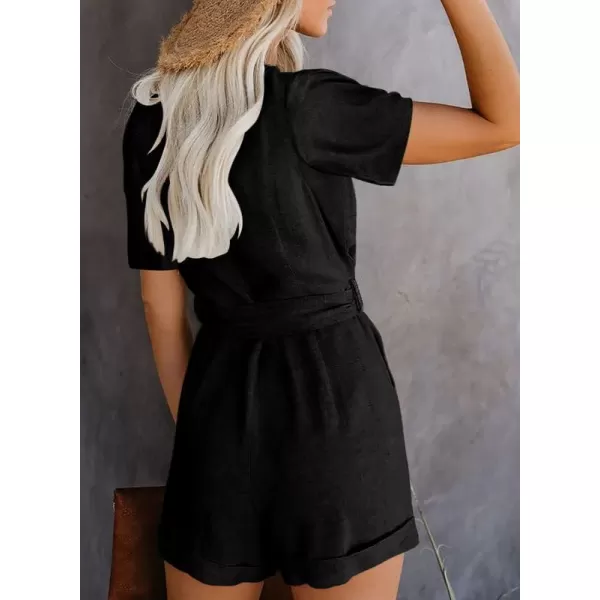 Dokotoo Womens Casual Summer Short Sleeve Pocketed V Neck Front Button Down Linen Short Rompers and Jumpsuits with Belt