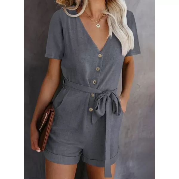 Dokotoo Womens Casual Summer Short Sleeve Pocketed V Neck Front Button Down Linen Short Rompers and Jumpsuits with Belt