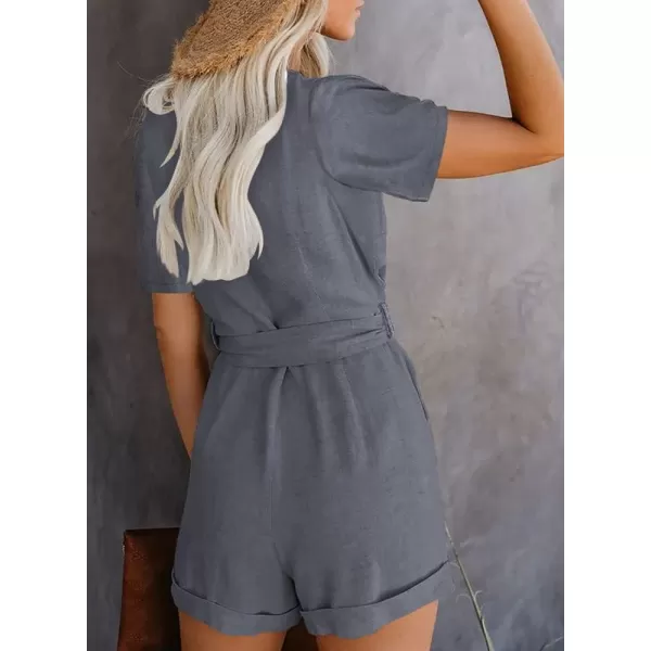 Dokotoo Womens Casual Summer Short Sleeve Pocketed V Neck Front Button Down Linen Short Rompers and Jumpsuits with Belt