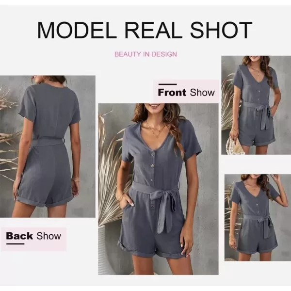 Dokotoo Womens Casual Summer Short Sleeve Pocketed V Neck Front Button Down Linen Short Rompers and Jumpsuits with Belt