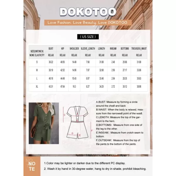 Dokotoo Womens Casual Summer Short Sleeve Pocketed V Neck Front Button Down Linen Short Rompers and Jumpsuits with Belt