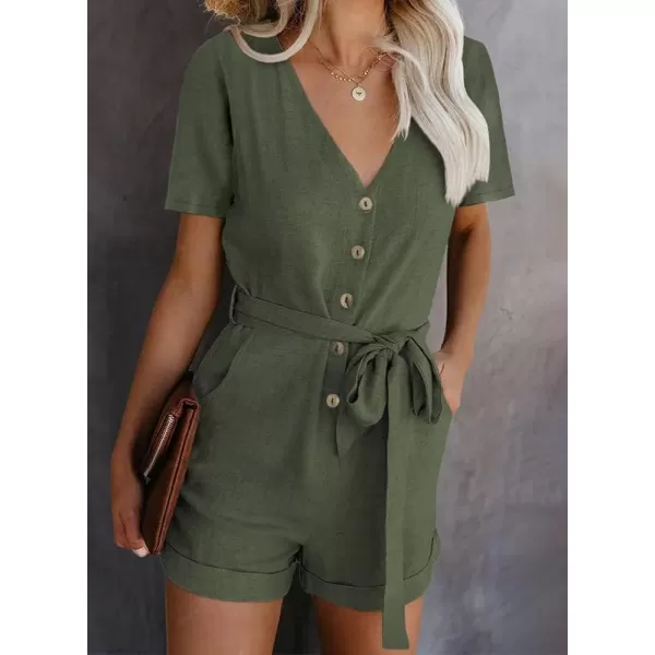 Dokotoo Womens Casual Summer Short Sleeve Pocketed V Neck Front Button Down Linen Short Rompers and Jumpsuits with Belt