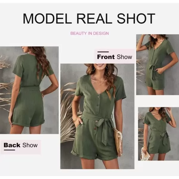 Dokotoo Womens Casual Summer Short Sleeve Pocketed V Neck Front Button Down Linen Short Rompers and Jumpsuits with Belt