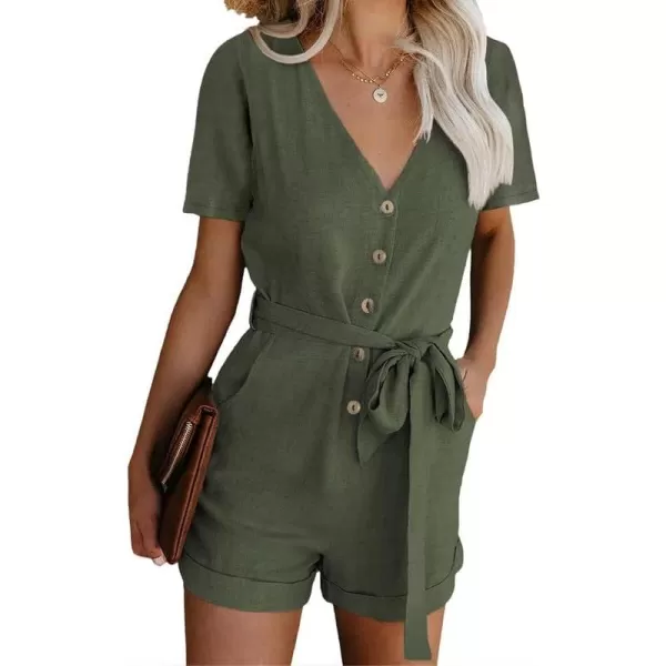 Dokotoo Womens Casual Summer Short Sleeve Pocketed V Neck Front Button Down Linen Short Rompers and Jumpsuits with Belt
