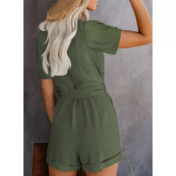 Dokotoo Womens Casual Summer Short Sleeve Pocketed V Neck Front Button Down Linen Short Rompers and Jumpsuits with Belt