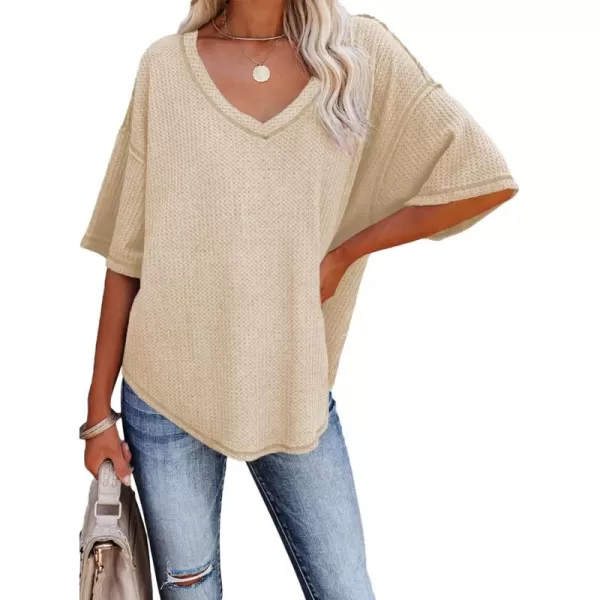 Dokotoo Women's Causual V Neck Short Sleeve Shirts Waffle Knit Loose Tunic Tops Blouses