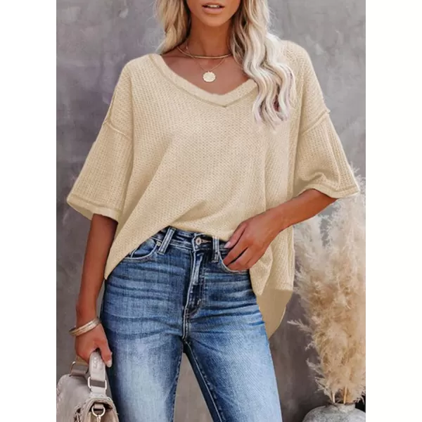 Dokotoo Women's Causual V Neck Short Sleeve Shirts Waffle Knit Loose Tunic Tops Blouses