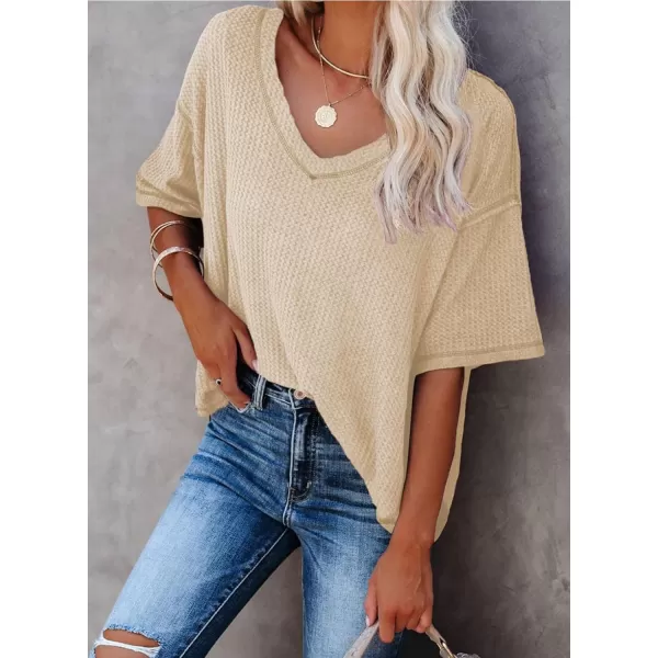 Dokotoo Women's Causual V Neck Short Sleeve Shirts Waffle Knit Loose Tunic Tops Blouses