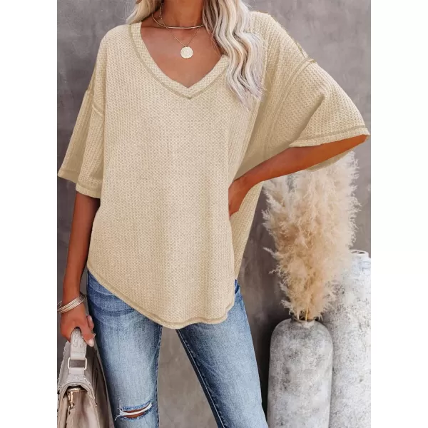 Dokotoo Women's Causual V Neck Short Sleeve Shirts Waffle Knit Loose Tunic Tops Blouses