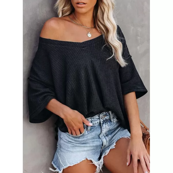 Dokotoo Women's Causual V Neck Short Sleeve Shirts Waffle Knit Loose Tunic Tops Blouses