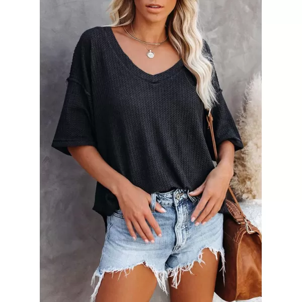 Dokotoo Women's Causual V Neck Short Sleeve Shirts Waffle Knit Loose Tunic Tops Blouses
