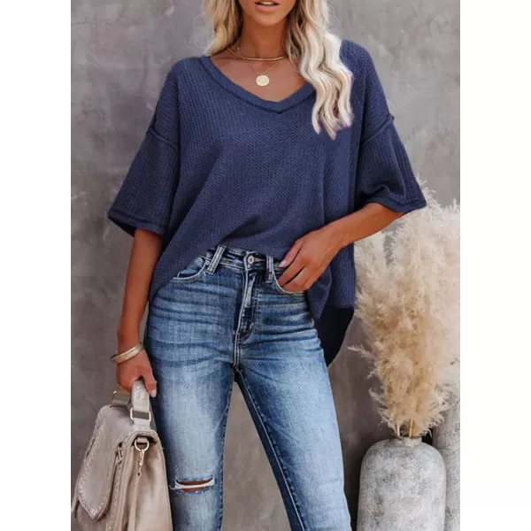 Dokotoo Women's Causual V Neck Short Sleeve Shirts Waffle Knit Loose Tunic Tops Blouses
