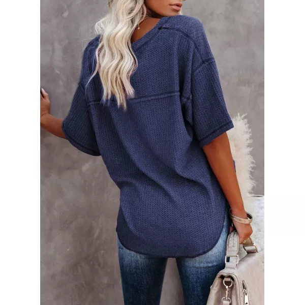 Dokotoo Women's Causual V Neck Short Sleeve Shirts Waffle Knit Loose Tunic Tops Blouses