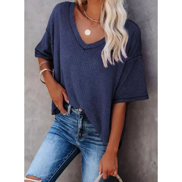 Dokotoo Women's Causual V Neck Short Sleeve Shirts Waffle Knit Loose Tunic Tops Blouses