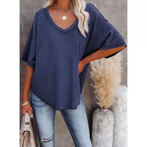 Dokotoo Women's Causual V Neck Short Sleeve Shirts Waffle Knit Loose Tunic Tops Blouses