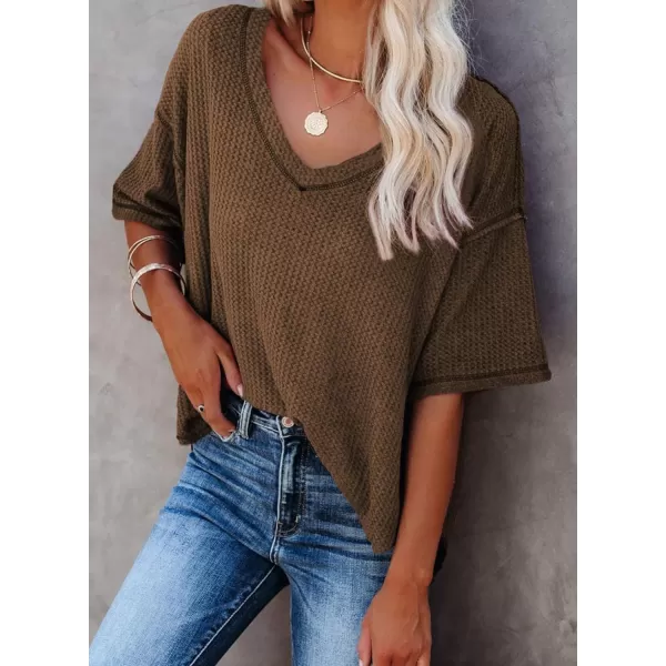 Dokotoo Women's Causual V Neck Short Sleeve Shirts Waffle Knit Loose Tunic Tops Blouses