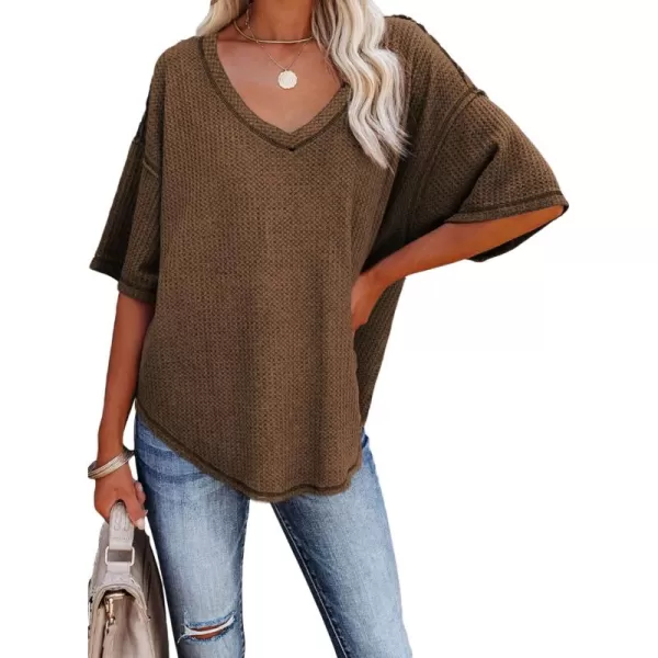 Dokotoo Women's Causual V Neck Short Sleeve Shirts Waffle Knit Loose Tunic Tops Blouses